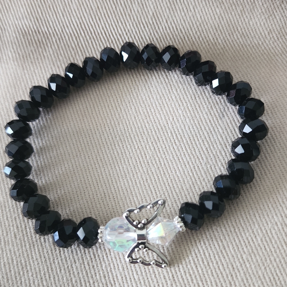Elegant Black Beaded Angel Bracelet with Silver Accents New Without Tag
